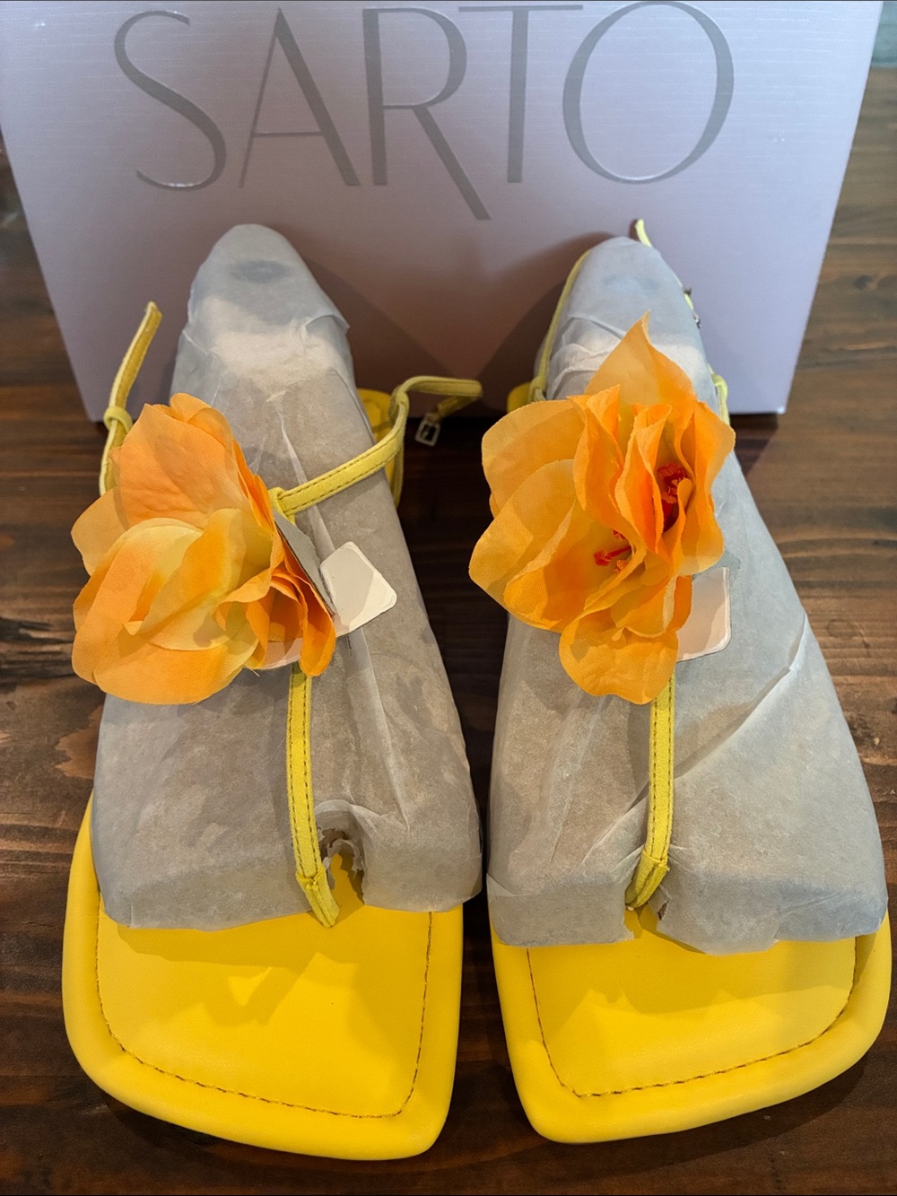 SARTO By Franco Sarto Yellow Floral T-Strap Sandals with Orange Flower Accent